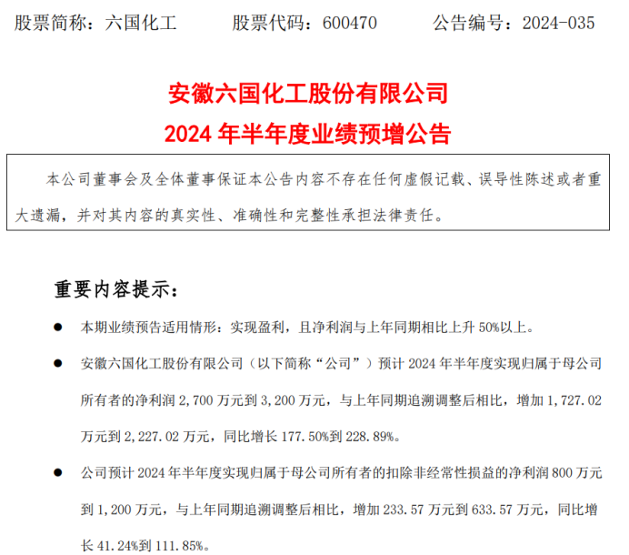 六国化工2024年上半年预计净利2700万-3200万同比增长178%-229%产品销量保持增长